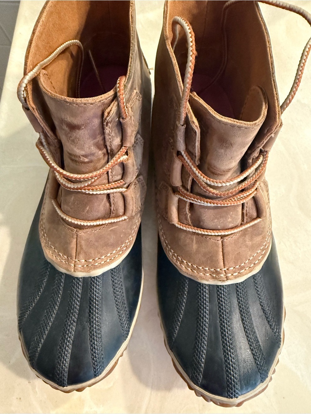 Sorel Two-Tone Brown Leather and Black Rubber Duck Boots
